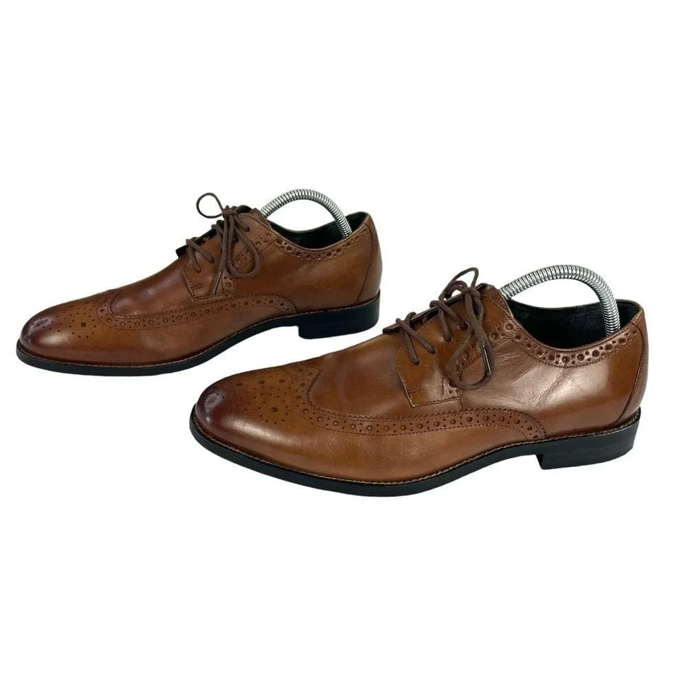 Stacy Adams Garrison Wingtip Oxford Brogue Leather Dress Shoes Cognac Formal 7.5